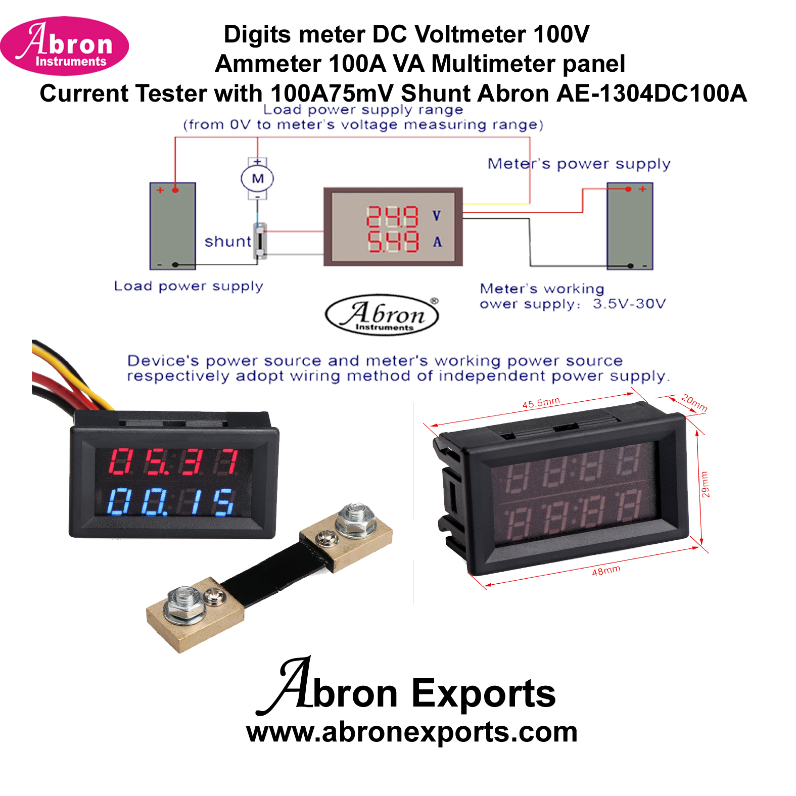 Digits meter DC Voltmeter 100V Ammeter 100A VA Multimeter panel Current Tester with 100A75mV Shunt Abron AE-1304DC100A 